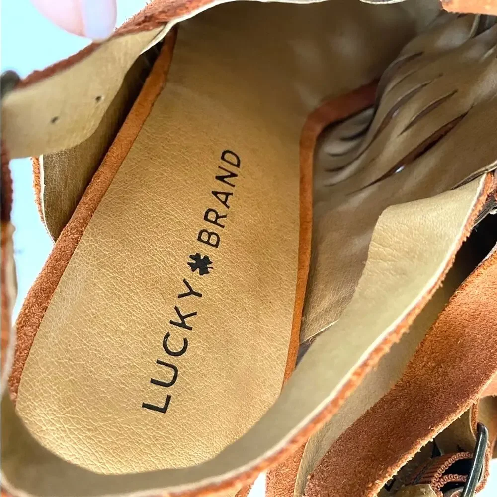 LUCKY BRAND Yvette Sandals Heels Rust Suede Woven Slingback Boho Western Sz 9